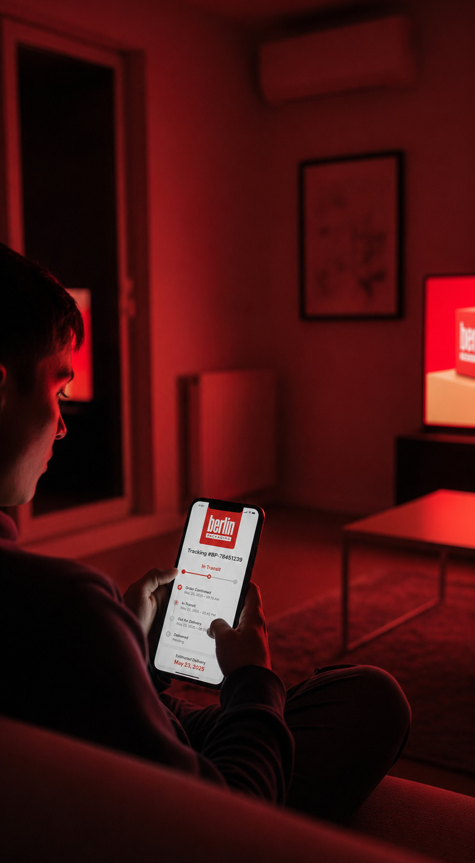 A person checking a Berlin Packaging order on a phone in a red-lit room