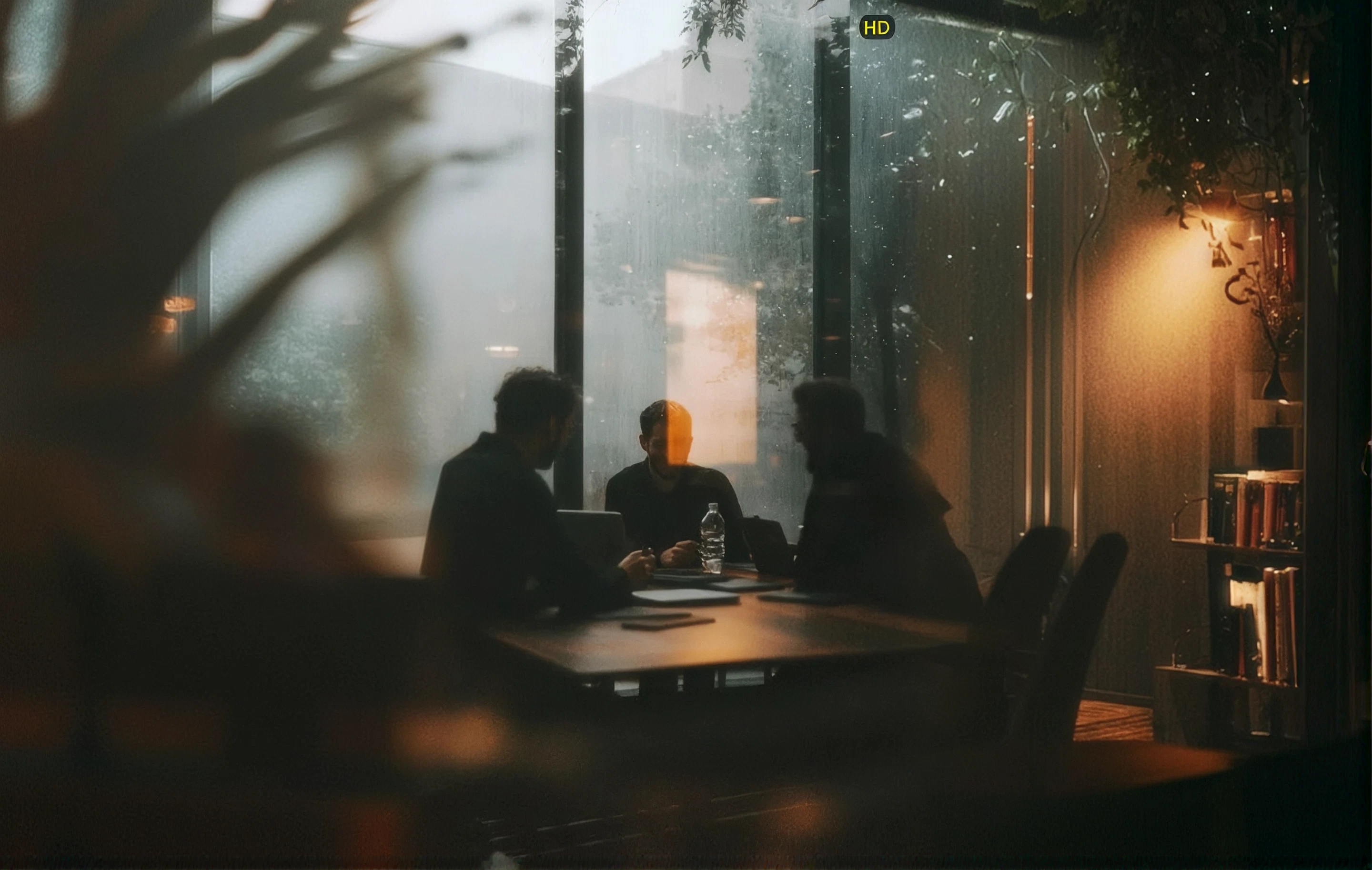 Colleagues meeting around a boardroom table in a dimly lit office