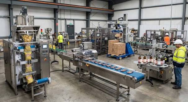 Workers and conveyors on a packaging manufacturing floor