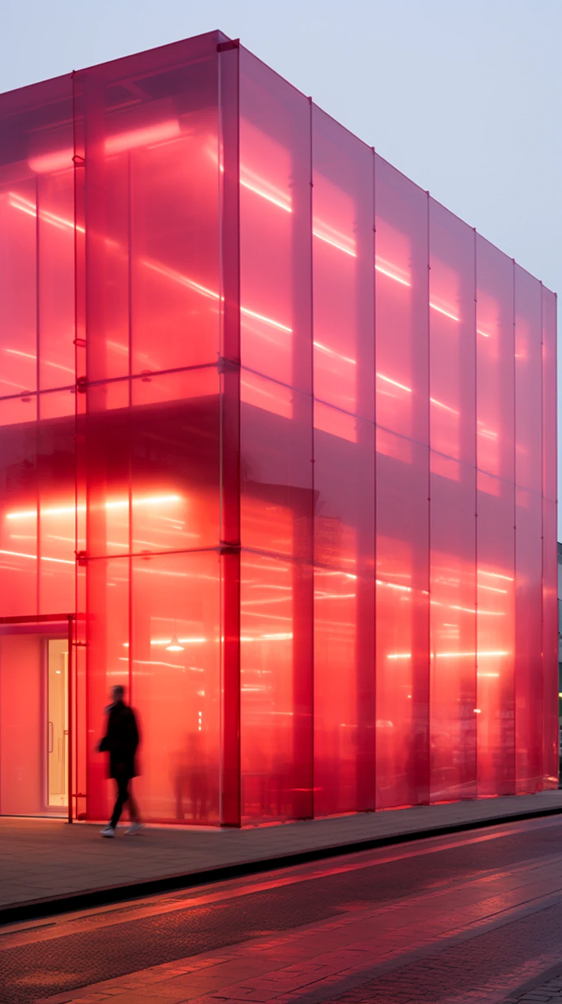 Red-lit warehouse facade with vertical glass panels