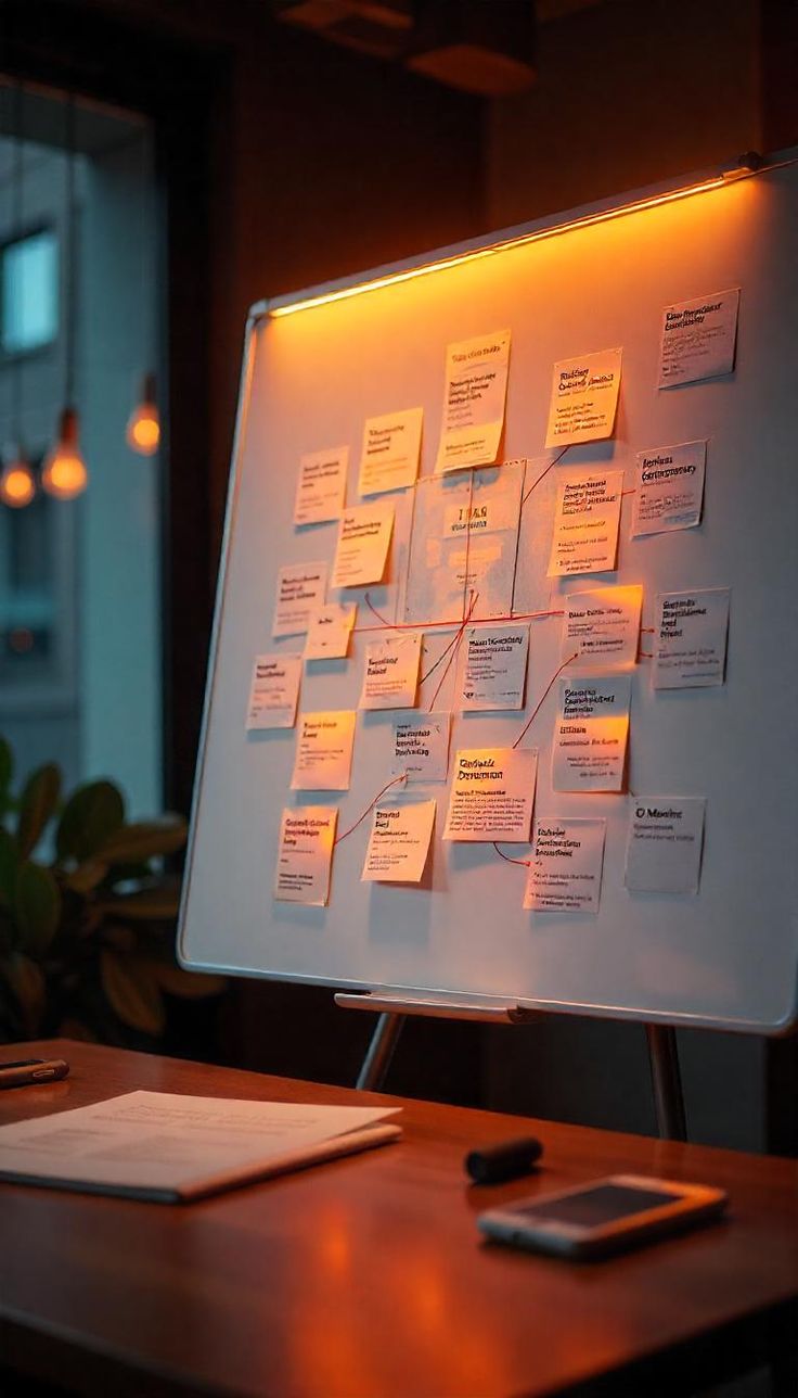 Planning board covered in sticky notes under warm light