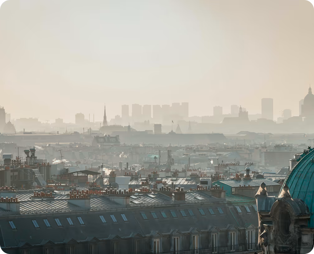 Hazy city skyline with dense rooftops and chimneys in the foreground under a pale sky.