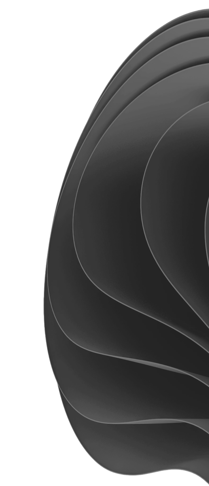 Forme abstraite noire avec des couches arrondies et ondulées en dégradé de gris.