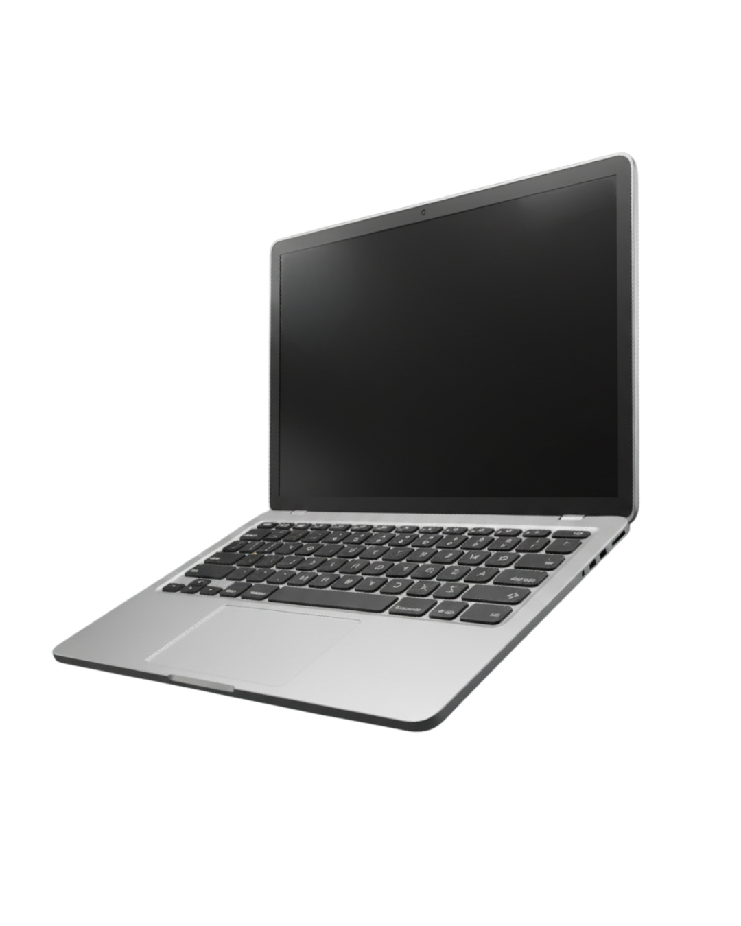 Open silver laptop with black keyboard and blank screen angled to the right.