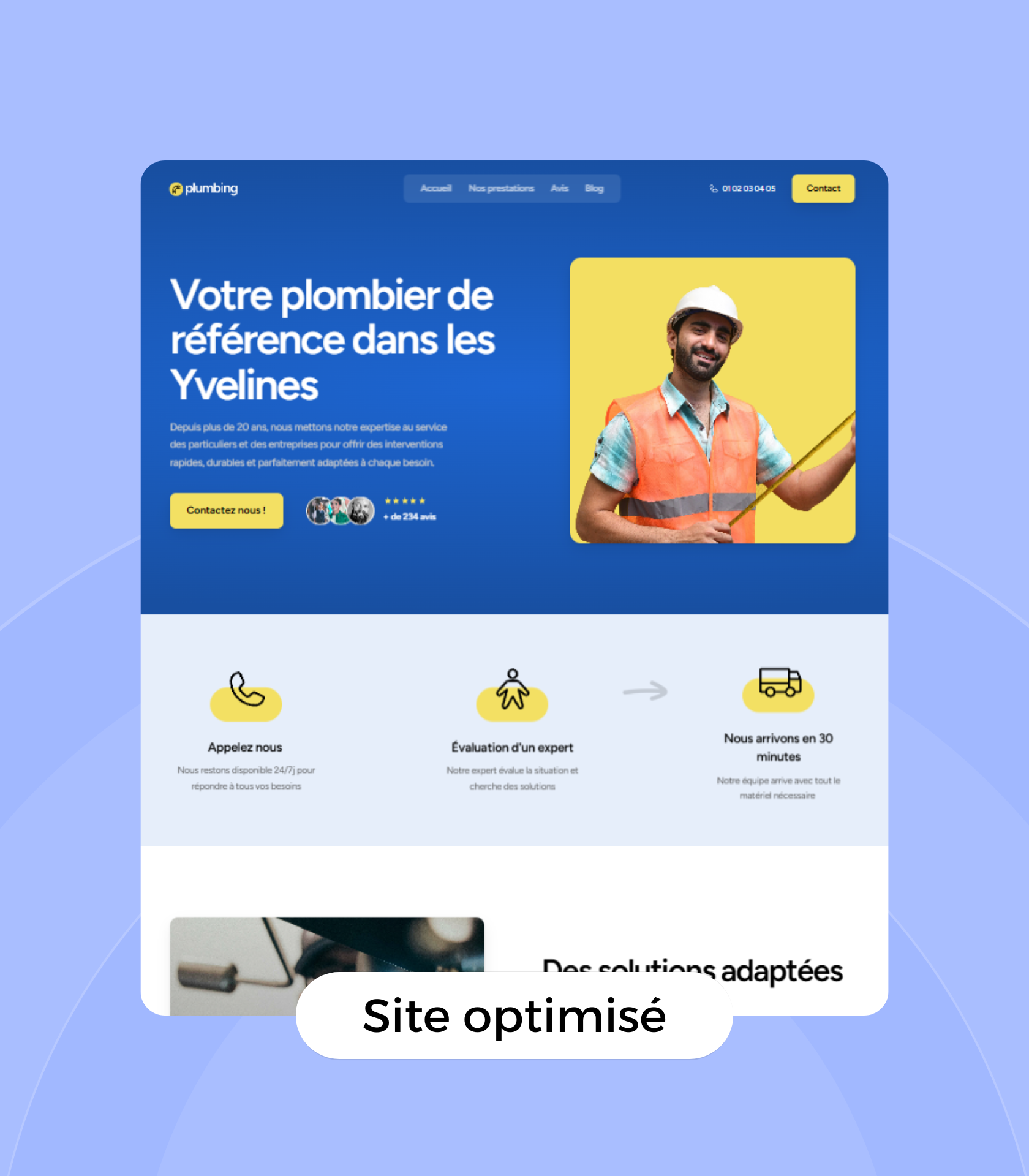 Plumbing service website homepage in French with a smiling plumber in an orange vest and white helmet, service steps icons, and a contact button.