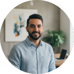 Smiling man with short dark hair and beard wearing a light blue button-up shirt in a modern office setting.