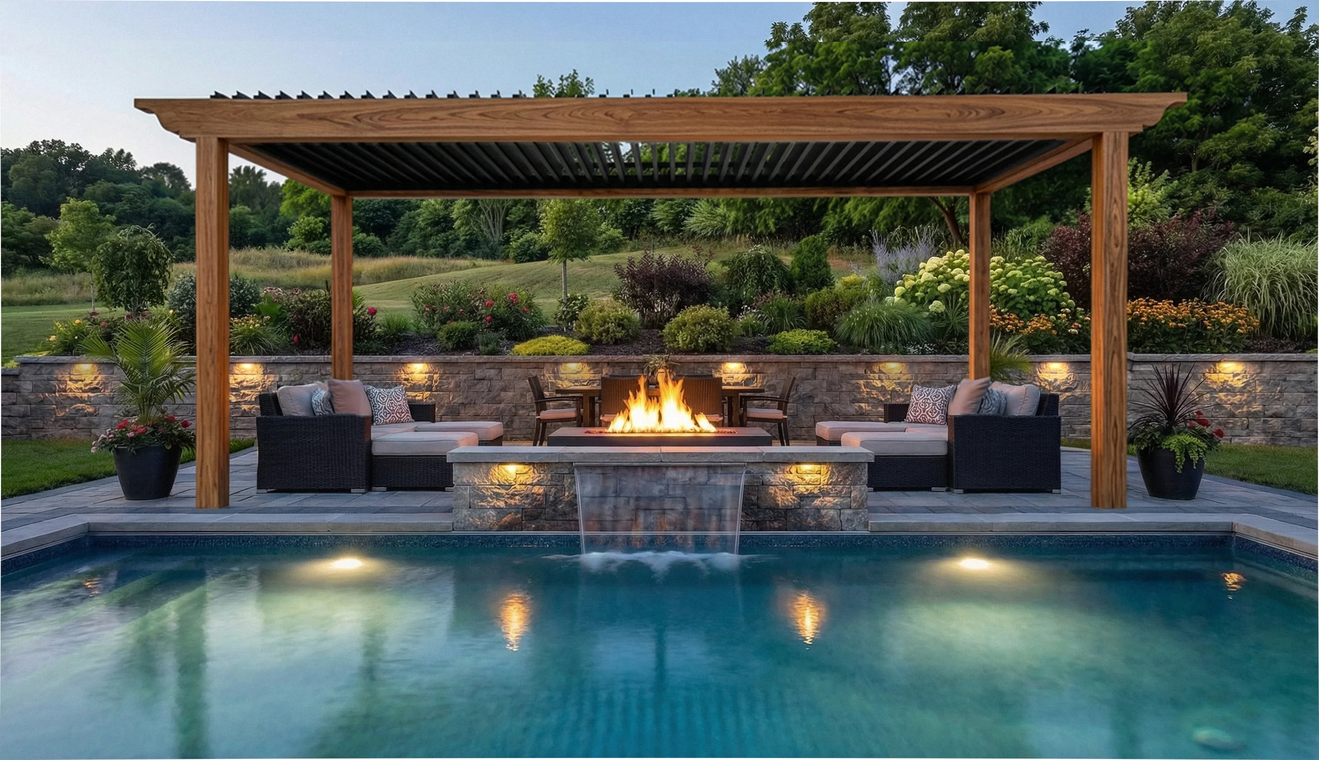 Custom cedar-aluminum hybrid motorized pergola over a pool with integrated fire feature, installed by Allscape Patio in Bath, Ohio.