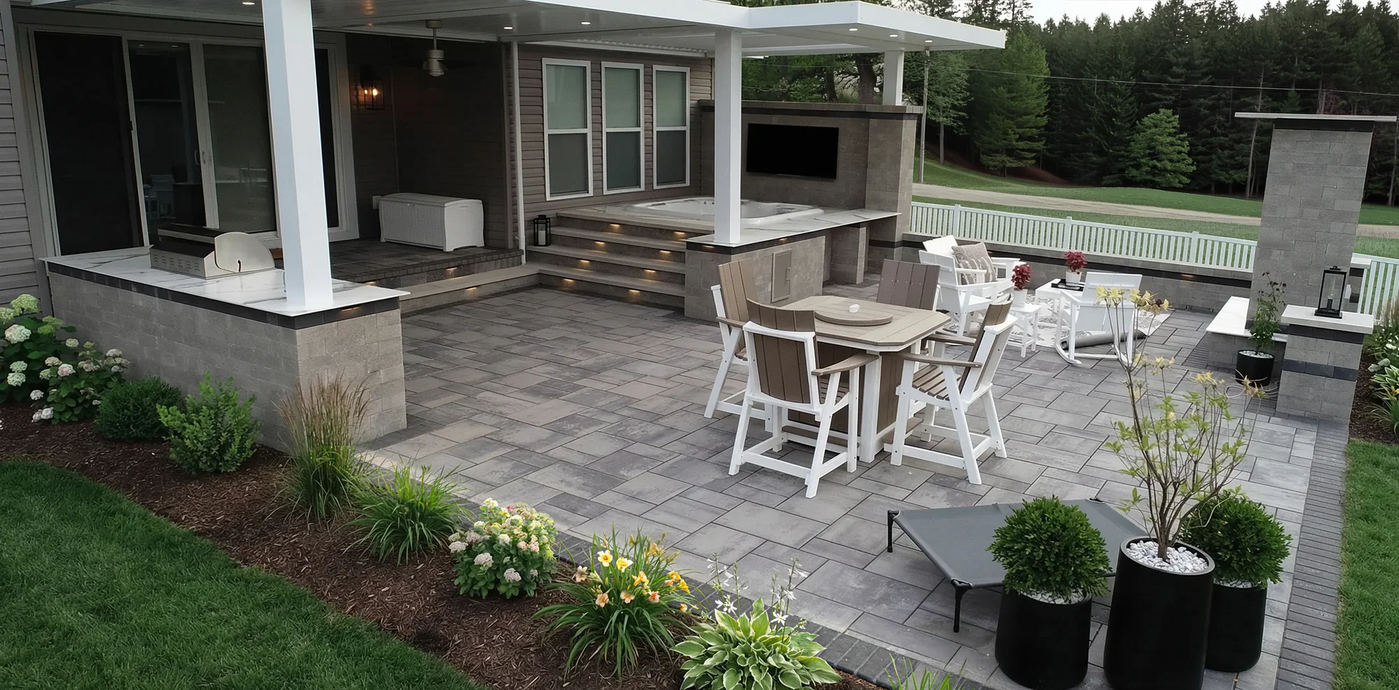 Luxury outdoor living patio with modern motorized pergola, outdoor kitchen, and seating area installed by Allscape Patio in Wadsworth, Ohio.