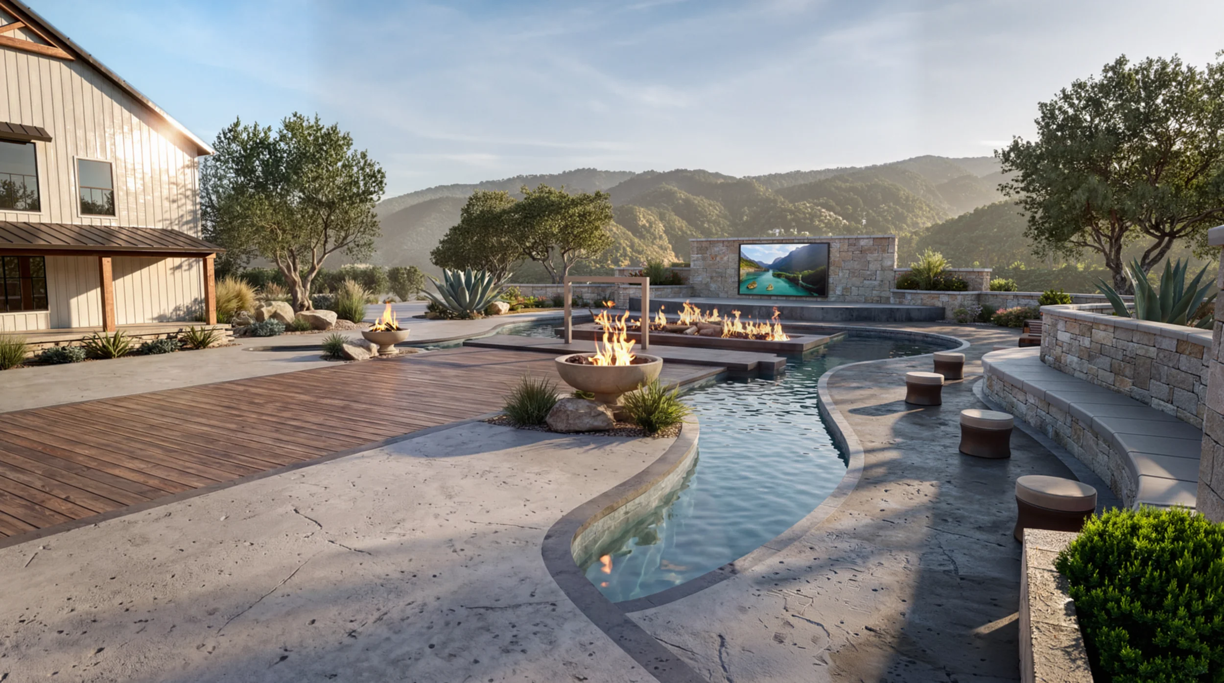 Luxury patio and guitar-shaped poolscape with fire features, retaining walls, and integrated outdoor living design.