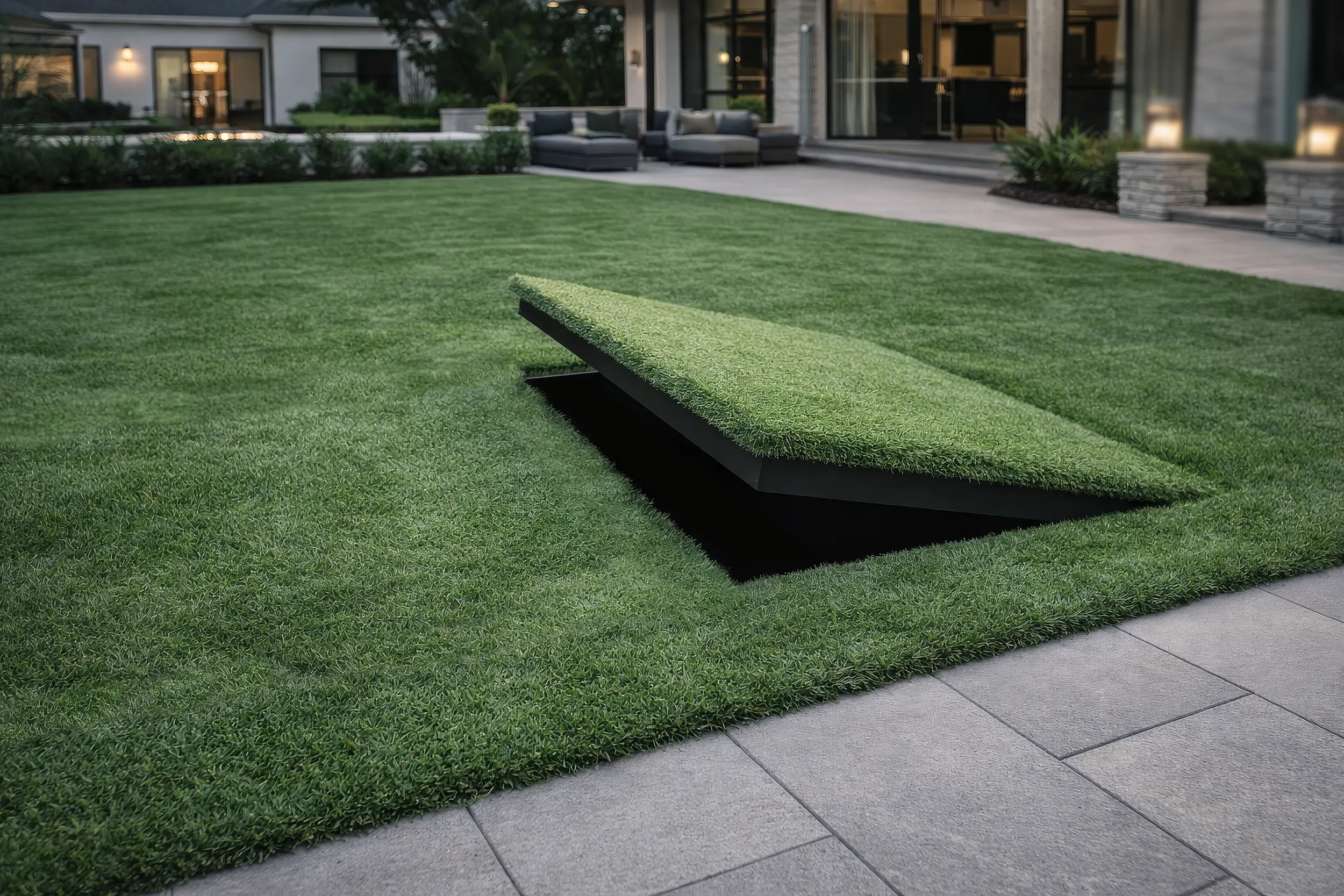 Custom cedar-aluminum hybrid motorized pergola over a pool with integrated fire feature, installed by Allscape Patio in Bath, Ohio.