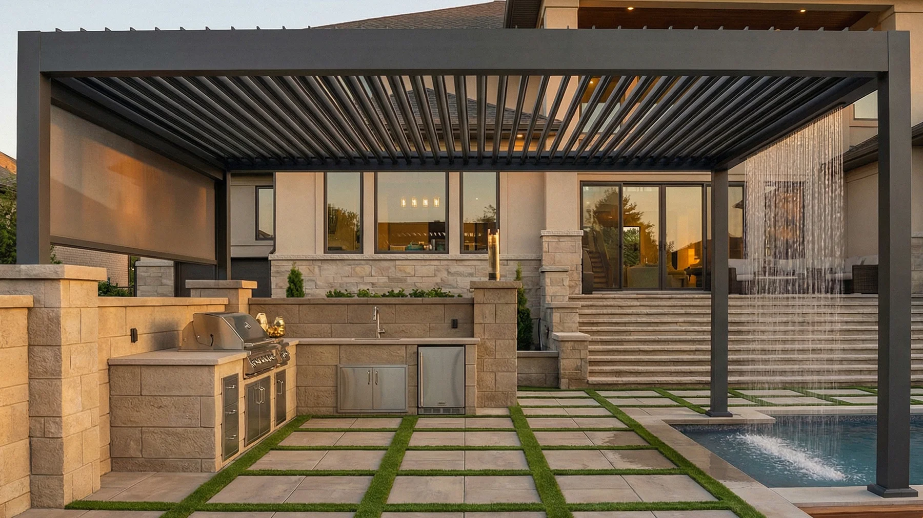 Motorized pergola with outdoor kitchen and water feature integrated into a modern outdoor living patio