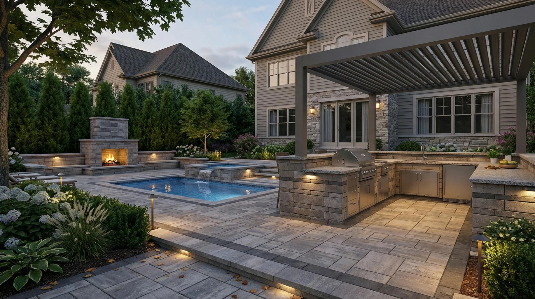 Motorized pergola with outdoor kitchen, pool, spa, and fire feature in a fully integrated outdoor living design