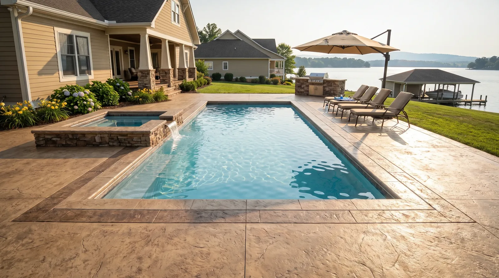 Stamped concrete pool deck with spa spillover and grill island overlooking Smith Mountain Lake near Union Hall VA