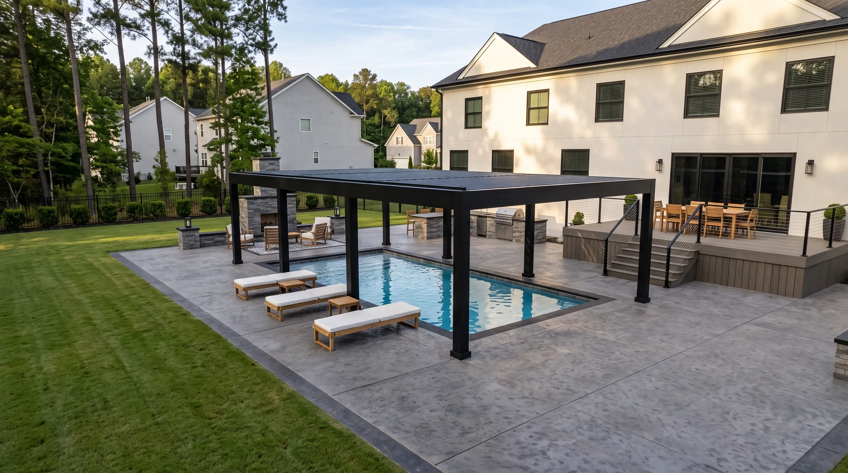 Black motorized louvered pergola spanning a swim spa on a seamless stamped concrete pool deck in Charlotte, NC — Allscape Patio