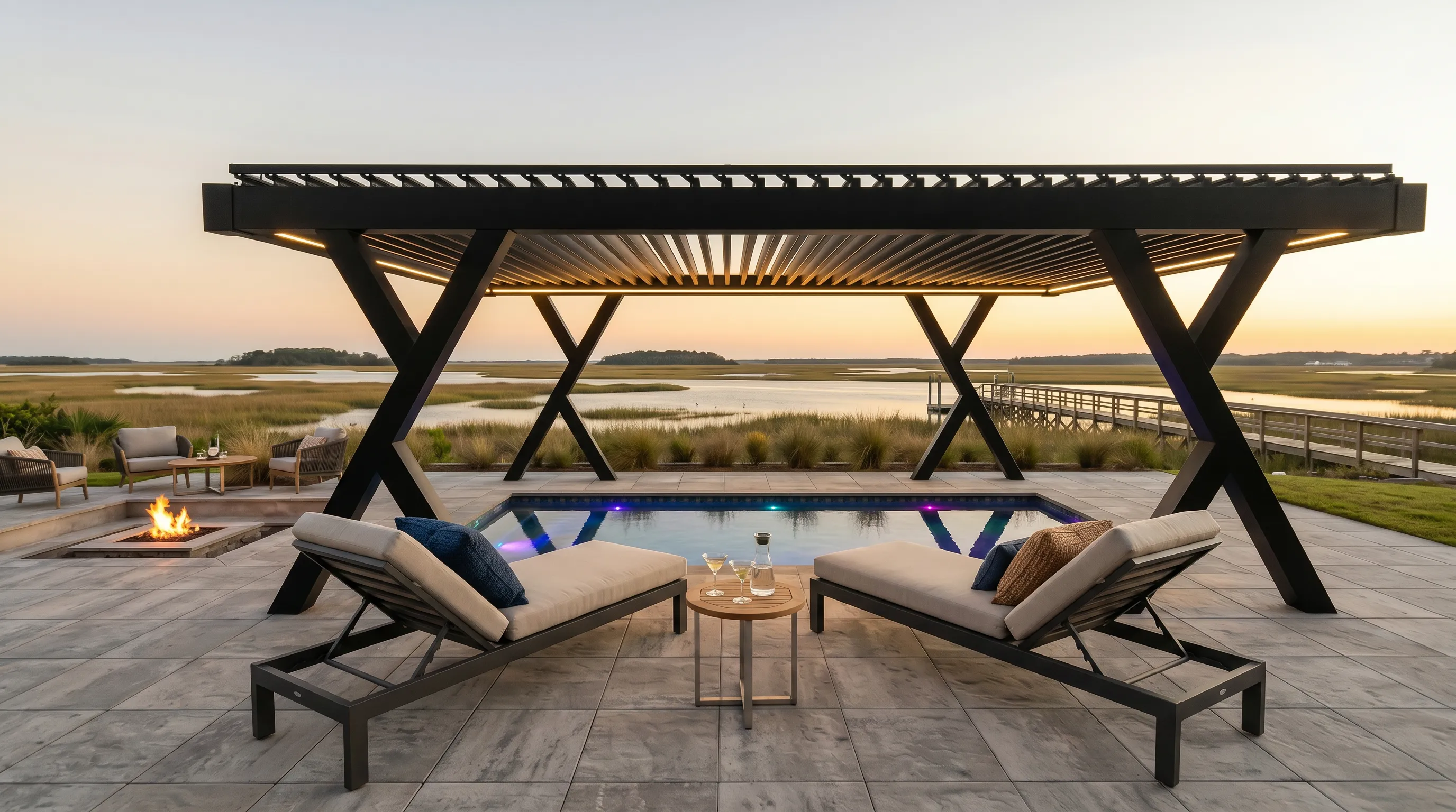 Allscape Atelier custom X-frame architectural pergola with integrated LED lighting over a marshfront plunge pool at sunset in Myrtle Beach, SC
