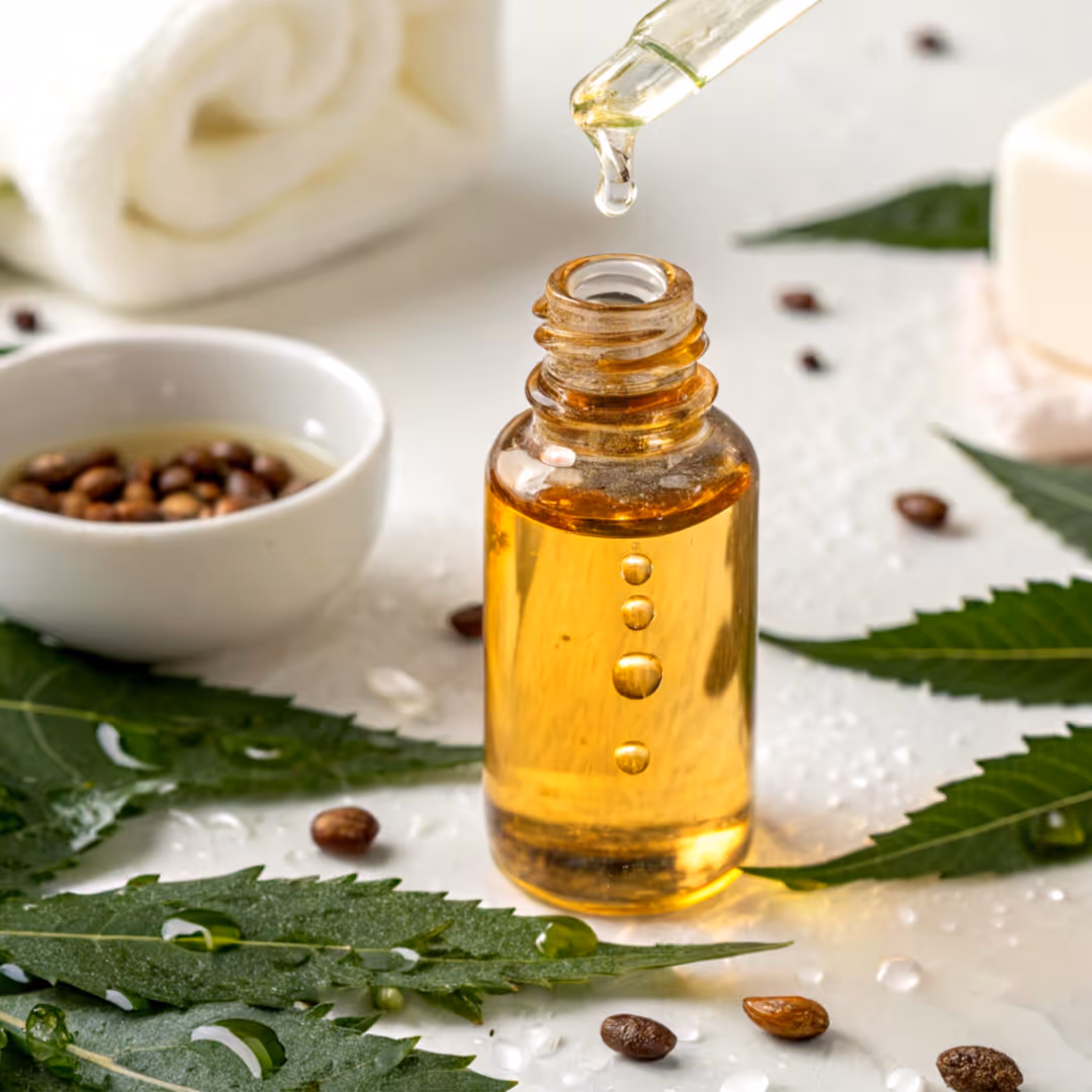 an eyedropper dripping oil into a bottle sitting on a table near oils and spices