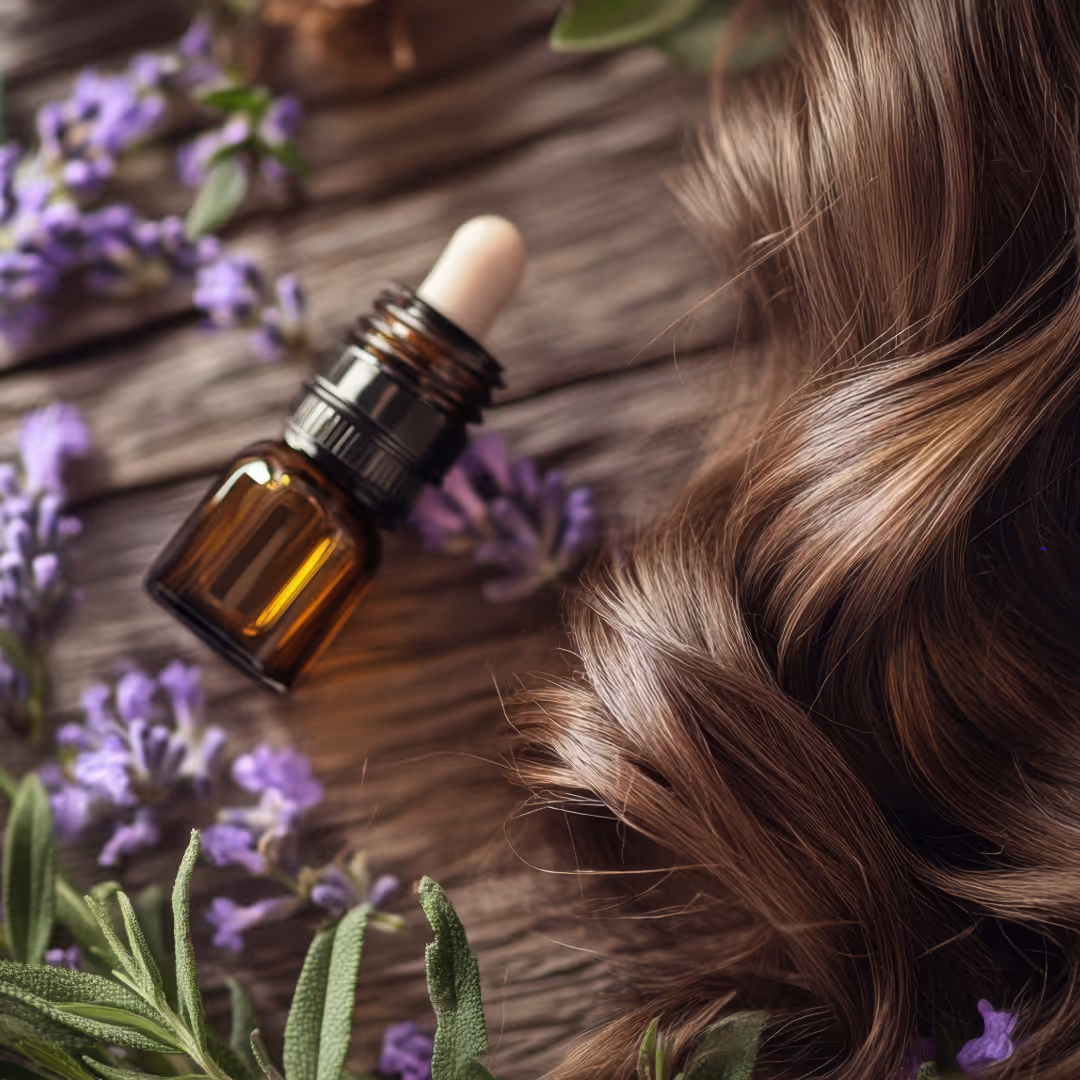 brown wavy hair lavender flowers and a bottle of oil