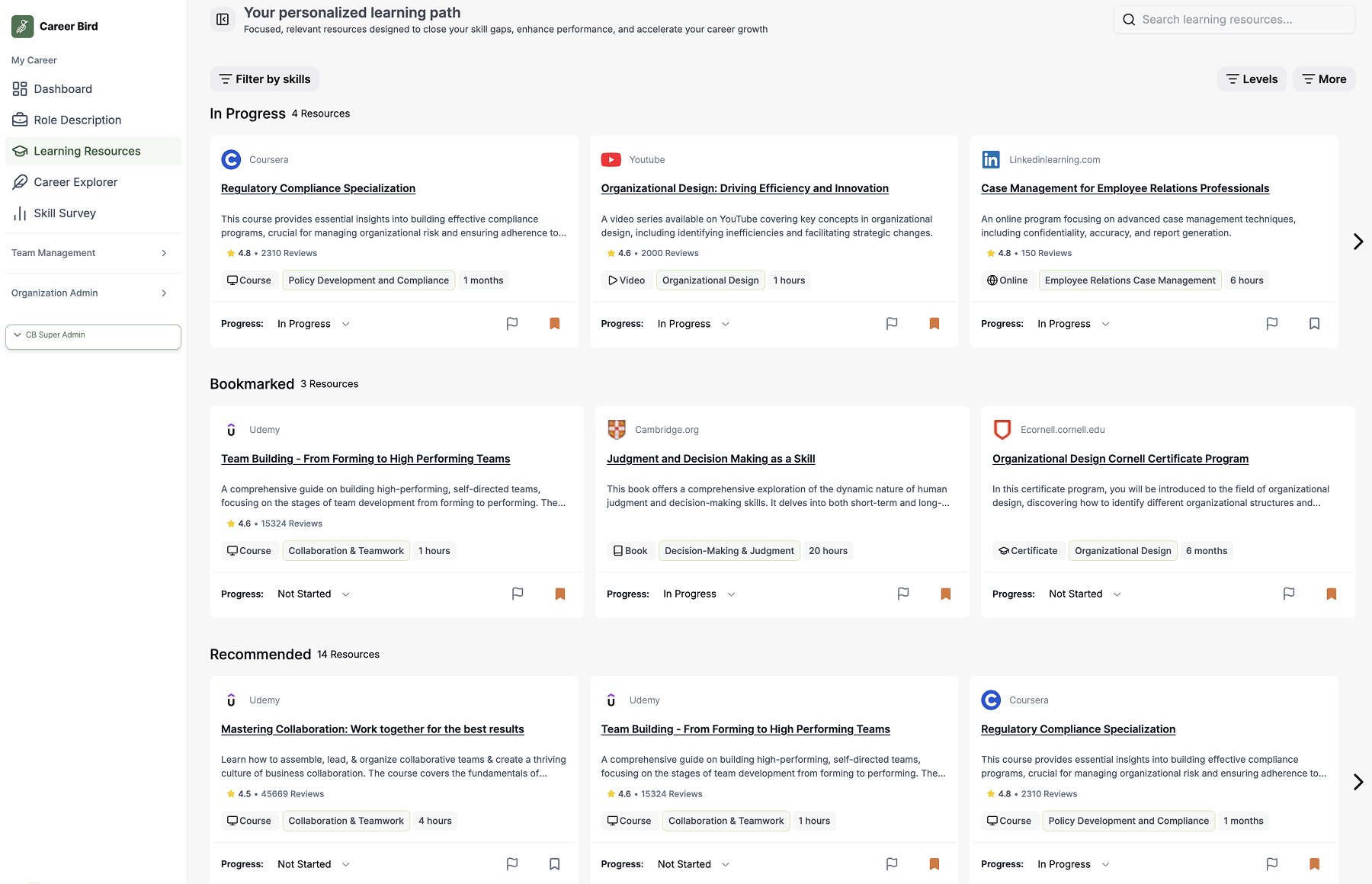 Career Explorer view Careerbird app screenshot.