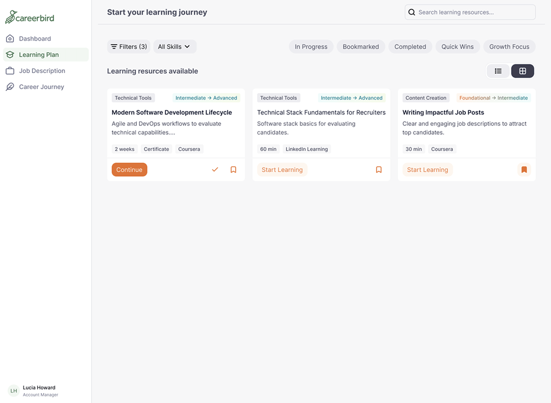 Learning plan view Careerbird app screenshot.