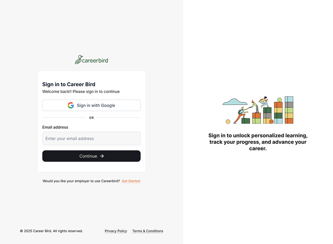Sign in view Careerbird app screenshot.