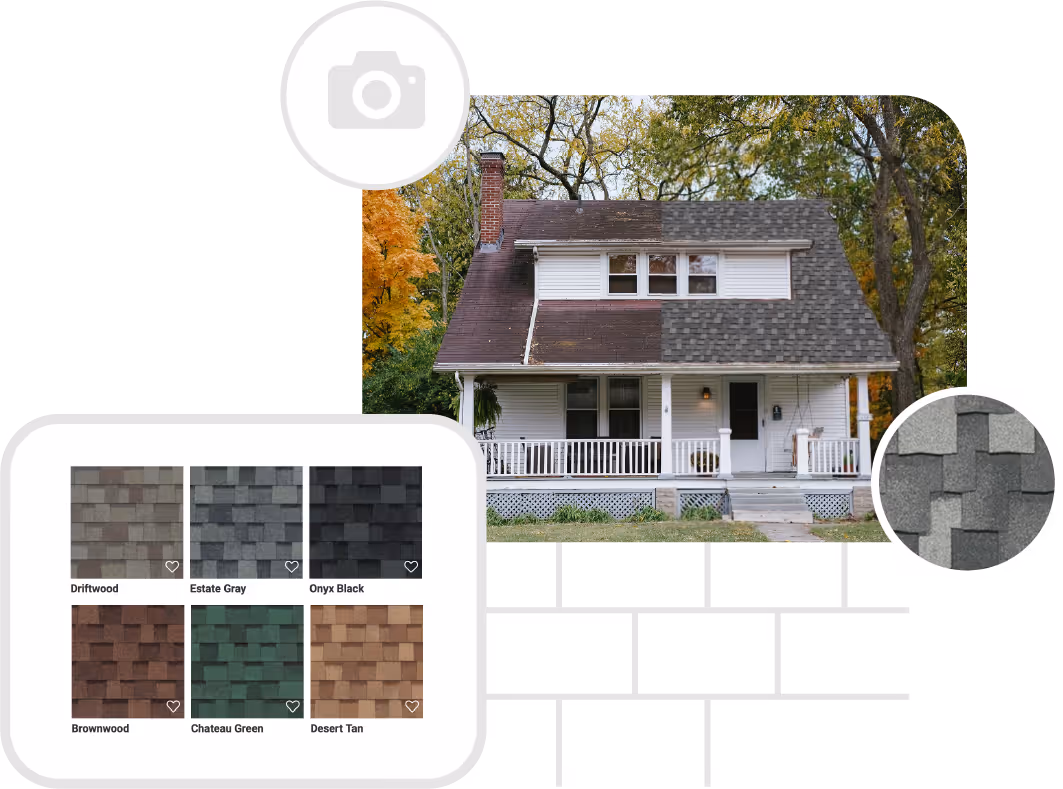 A two-story white house showing a roof with before and after comparison of old brown shingles and new gray shingles, accompanied by a sample board of six shingle color options.