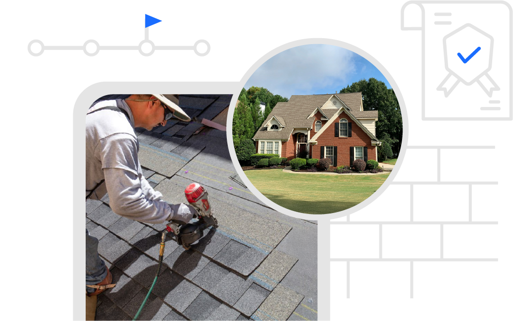 Worker installing asphalt shingles on a roof with an inset image of a brick house with a gabled roof and green lawn.