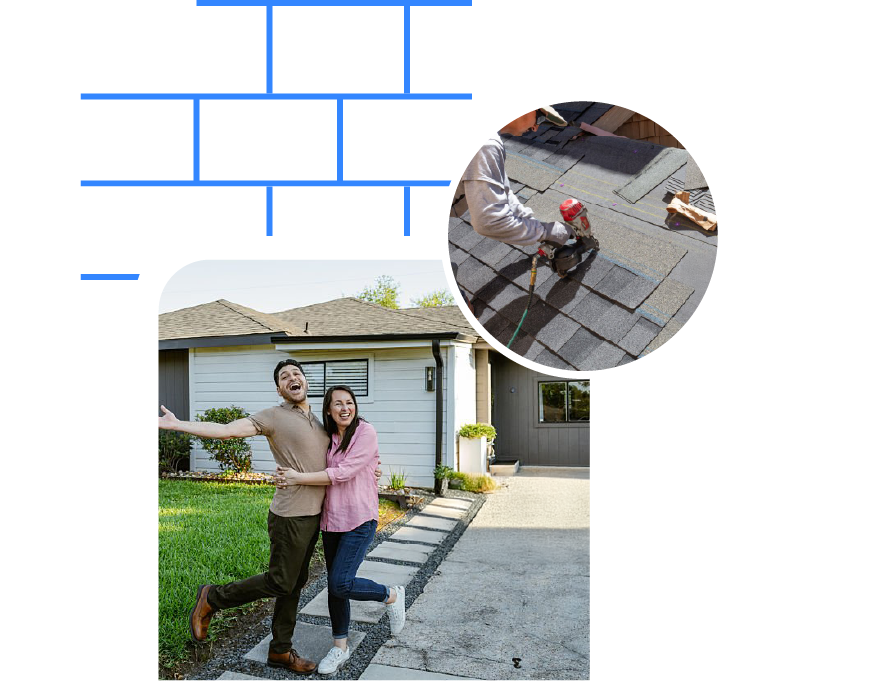 Happy couple embracing in front of a house with a landscaped yard, inset shows a worker installing roof shingles using a nail gun.