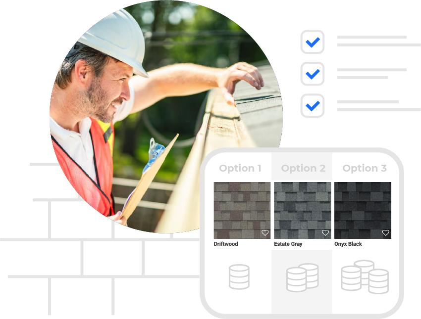 Construction worker in a safety helmet and vest inspecting a roof with options for shingle colors Driftwood, Estate Gray, and Onyx Black displayed below.