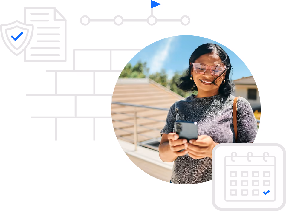 Smiling woman wearing glasses and a gray top looks at her smartphone outdoors with icons of a shield, document, and calendar around her.