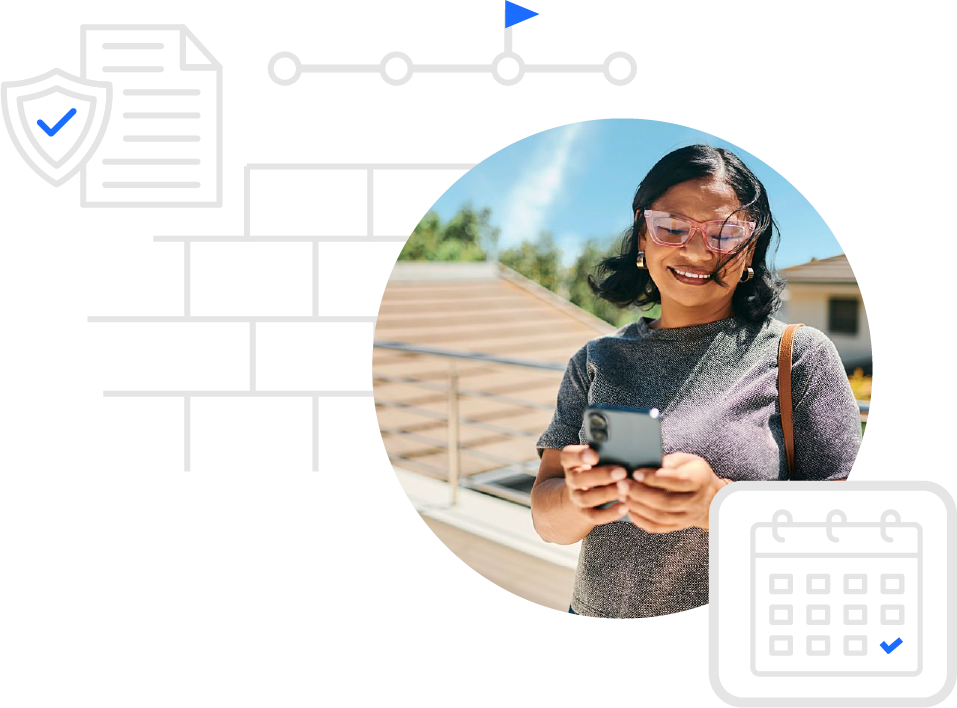 Smiling woman wearing glasses and a gray top looks at her smartphone outdoors with icons of a shield, document, and calendar around her.