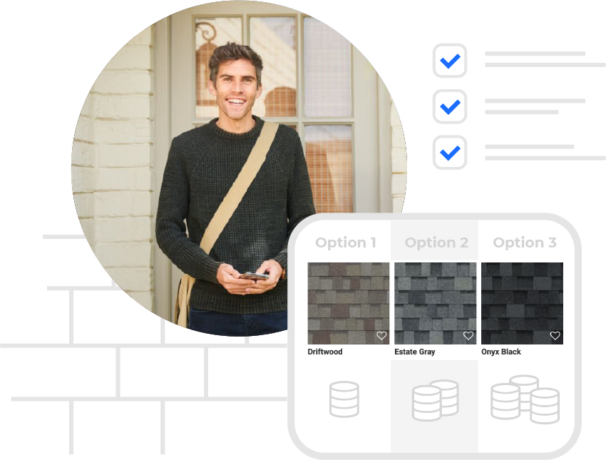 Smiling young man with shoulder bag holding a phone, alongside a graphic showing three shingle roof color options: Driftwood, Estate Gray, and Onyx Black with checkmarks.