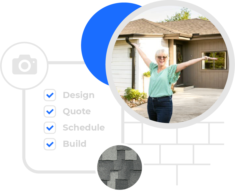 Happy older woman with arms outstretched standing in front of a house exterior with neutral siding and landscaping.