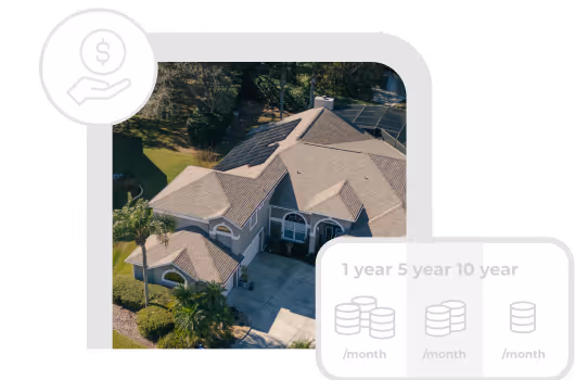 Aerial view of a large beige house with a driveway and surrounding greenery, overlaid with icons representing financial planning and monthly payment options.