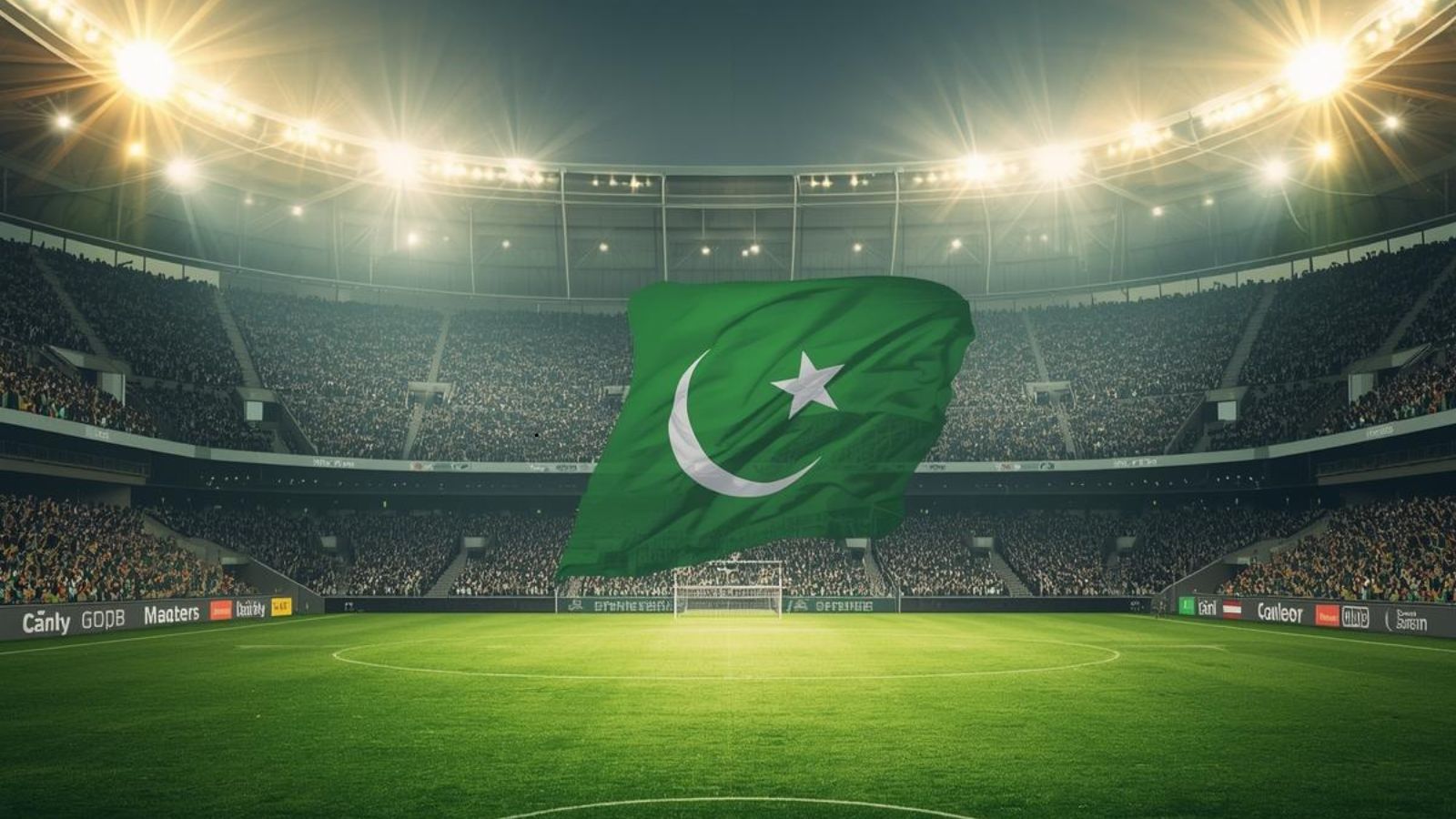 **Alt text (SEO-friendly):** Night football stadium under floodlights with a packed crowd and a large green flag waving above the pitch, creating a tense pre-match atmosphere ahead of a Saudi league football game.