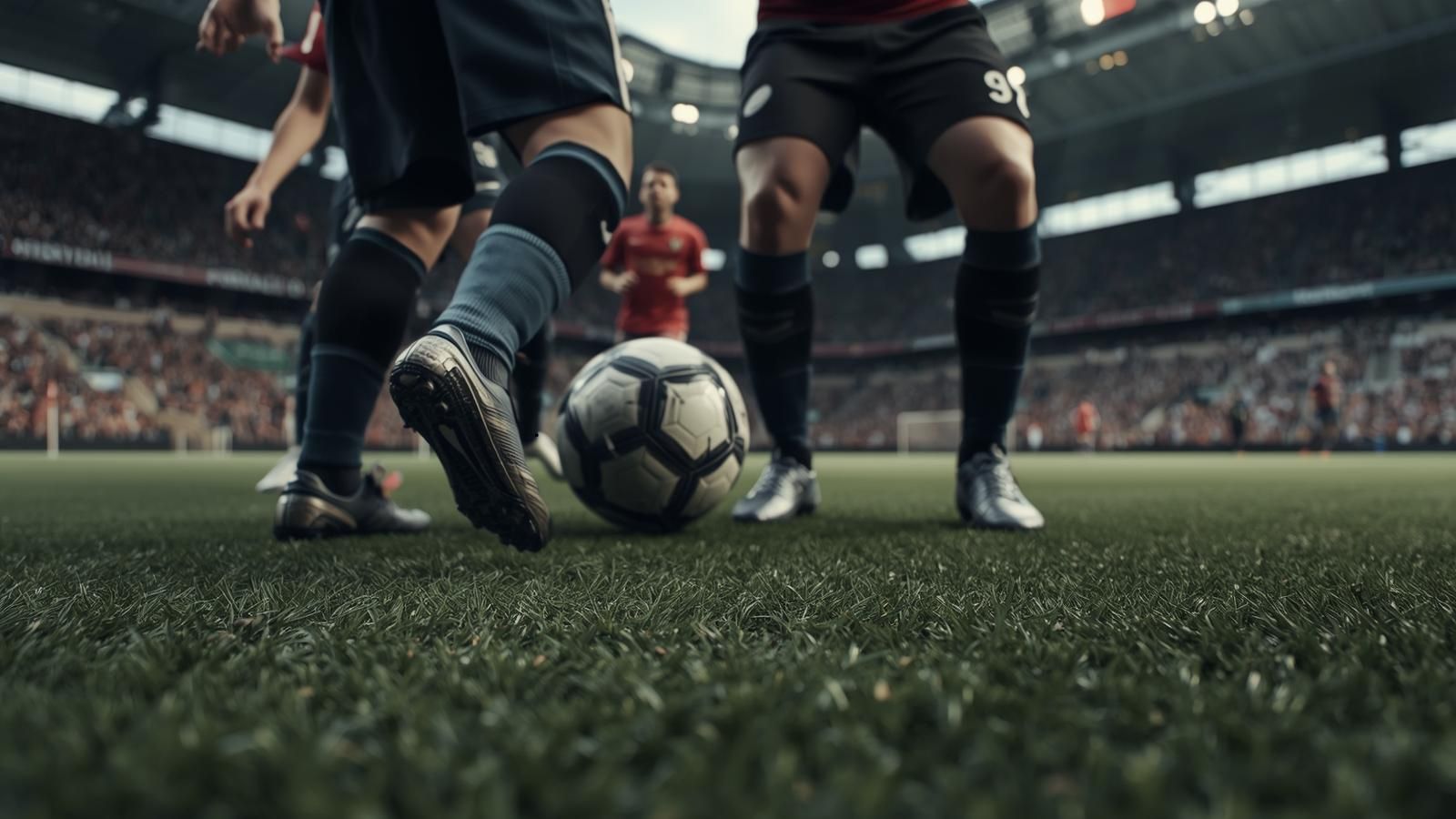 Close-up football action on the pitch showing players’ legs and the ball during an intense first-half phase, symbolizing early pressure and goal-focused match analysis.
