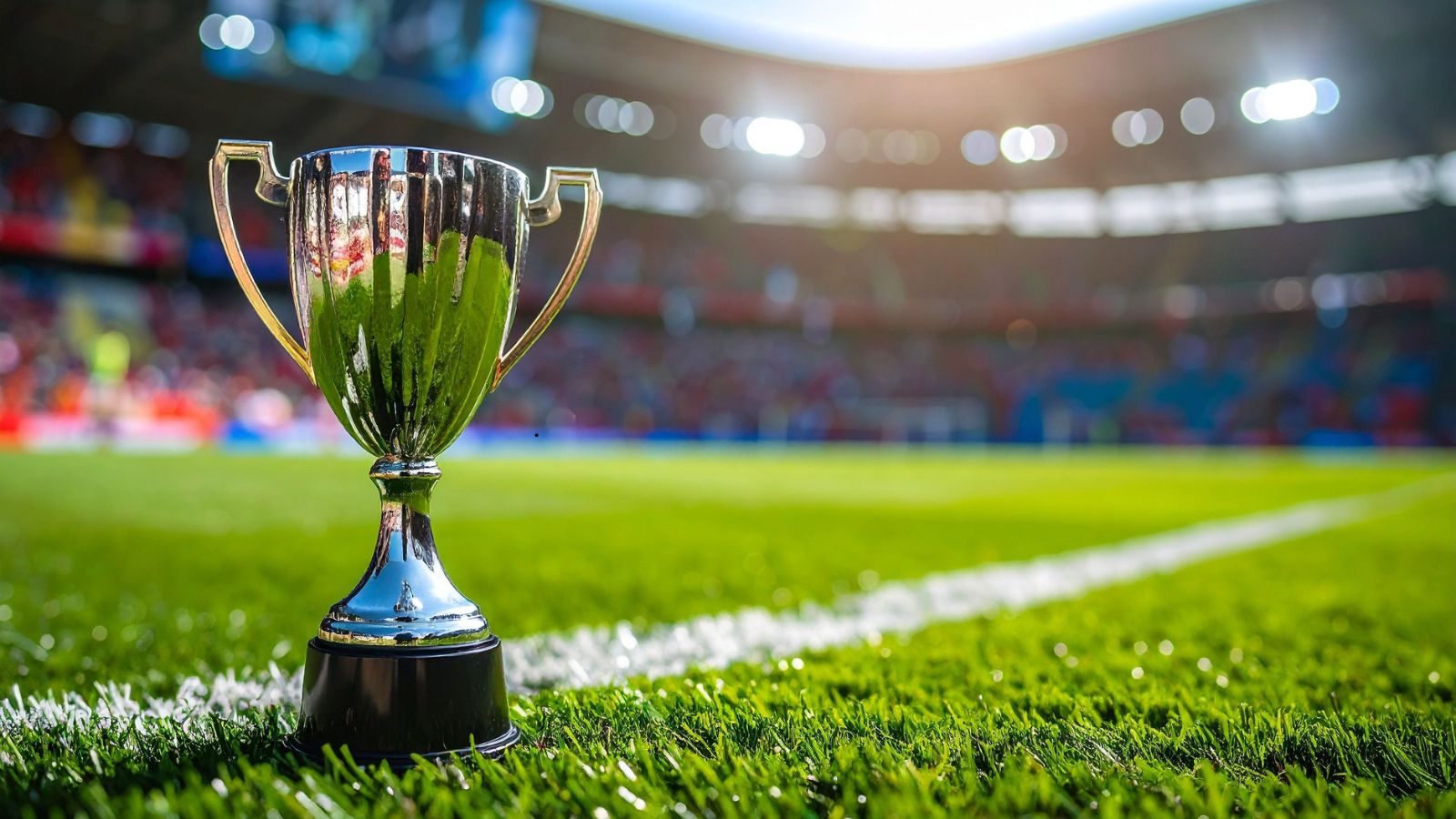 Silver football trophy standing on the pitch inside a packed stadium, with green grass in the foreground and blurred crowd and floodlights in the background.