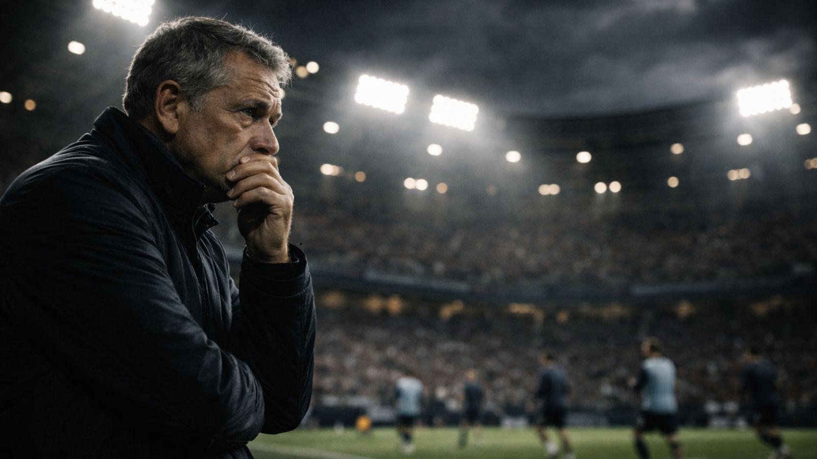 Pensive football coach on the sideline before a match, stadium lights on, tense pre-match atmosphere with players warming up in the background.