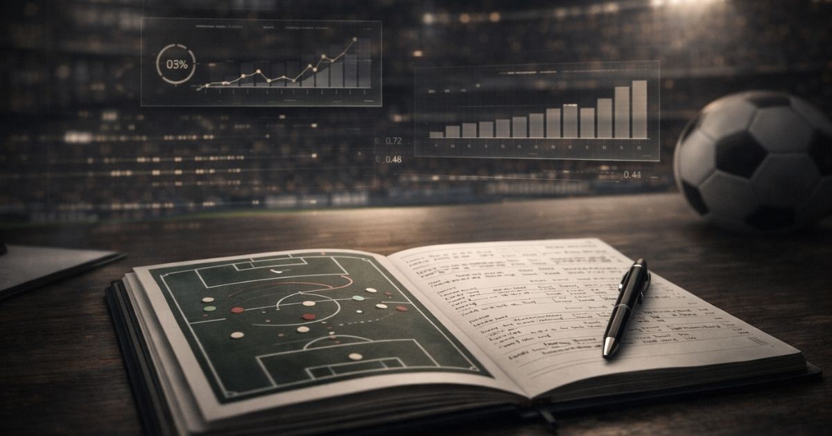 Football betting analysis scene with tactical notebook, match notes and goal probability charts on a desk, stadium lights blurred in the background, representing data-driven match evaluation and goal markets.
