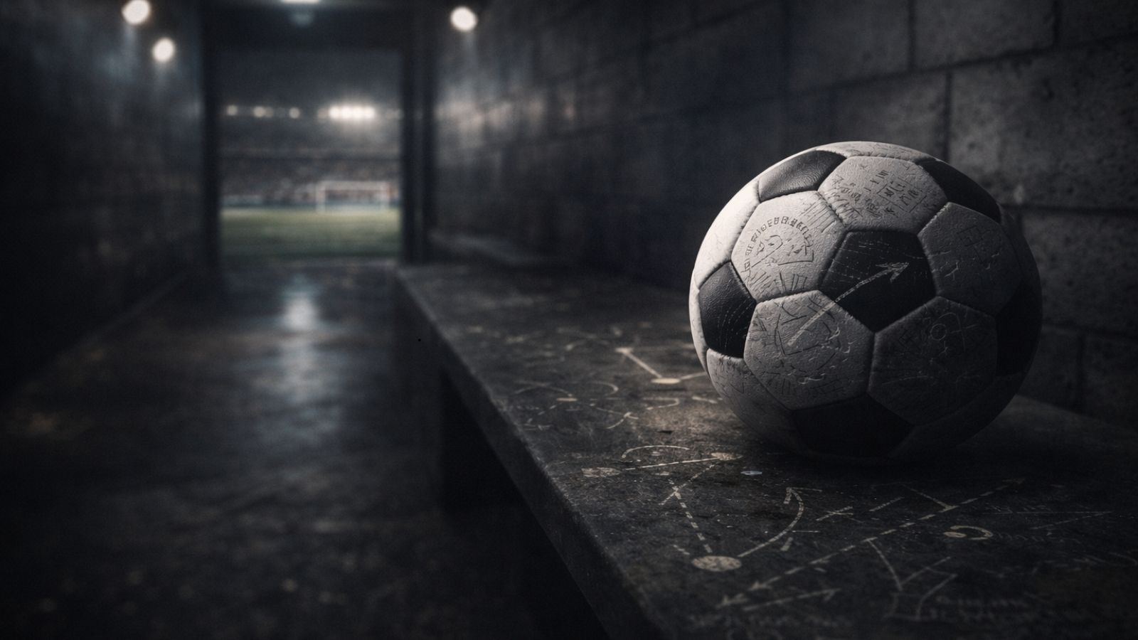 Football resting on a concrete bench inside a dark stadium tunnel before kickoff, symbolizing tactical preparation, insider match analysis and goal-focused football betting insights.