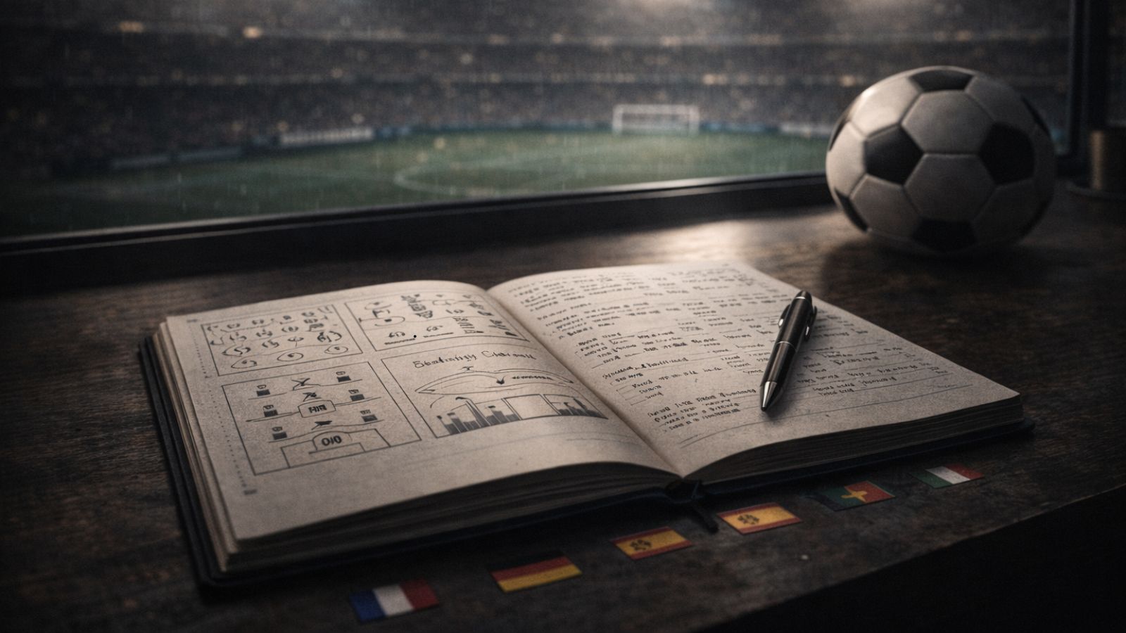 Premium football analysis scene: an open notebook with tactical notes and a pen on a wooden desk, a football beside it, and a blurred night stadium in the background with small country flags along the edge.