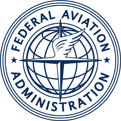 Federal Aviation Administration logo featuring a stylized globe with a winged design, surrounded by concentric circles and text, symbolizing aviation regulation and administration.