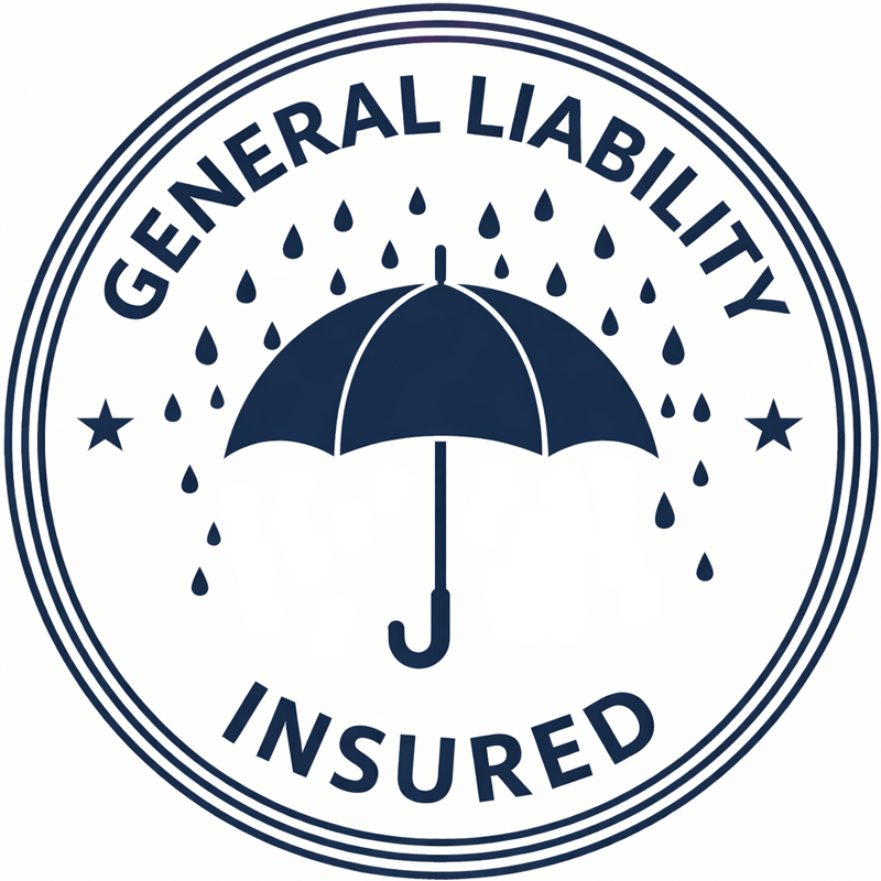 General liability insurance logo with umbrella and raindrops, indicating protection and security, symbolizing insured status and risk management for businesses.
