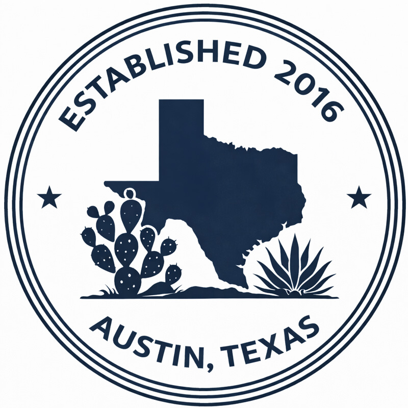 Austin, Texas logo featuring the state of Texas, cactus, and agave plant, with Established 2016 text, representing Texas pride and Southwest culture in a circular design.