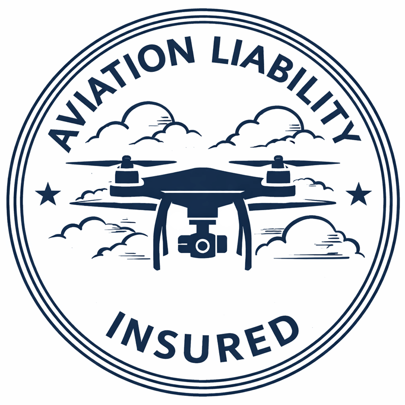 Drone with camera flying in clouds, surrounded by "AVIATION LIABILITY INSURED" text in a circular logo, indicating insurance coverage for drone operations.