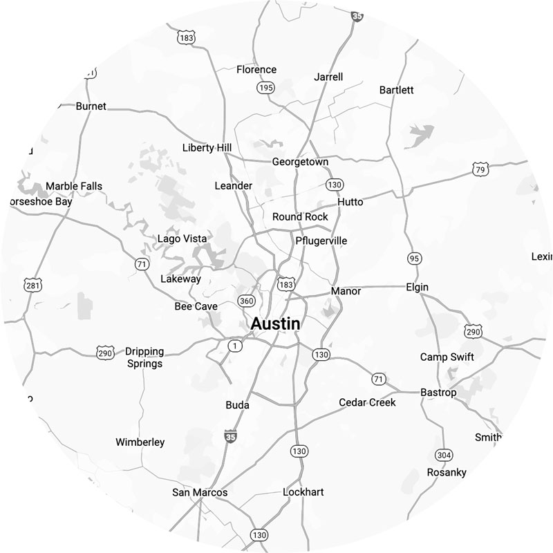 Map of Austin, Texas, with surrounding cities and highways, including major roads and routes to nearby towns like Round Rock, Georgetown, and San Marcos.