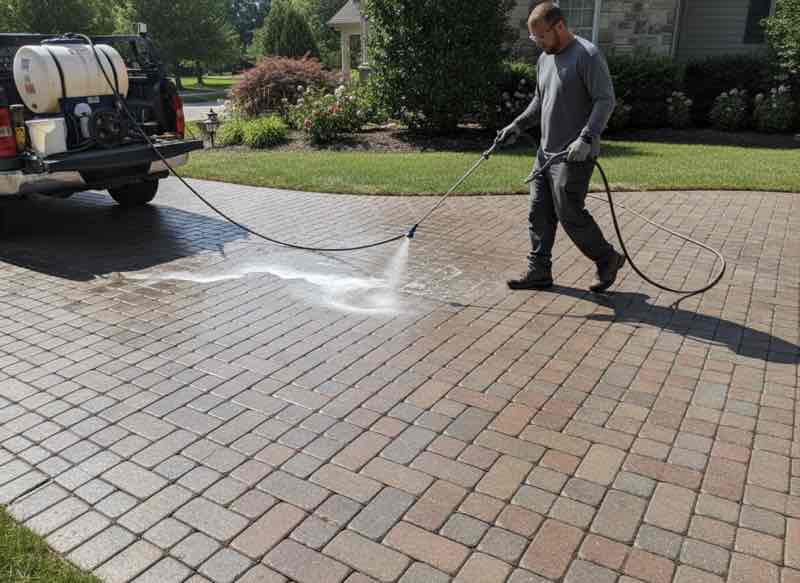Professional paver sealing service being applied to residential driveway in Orlando Florida