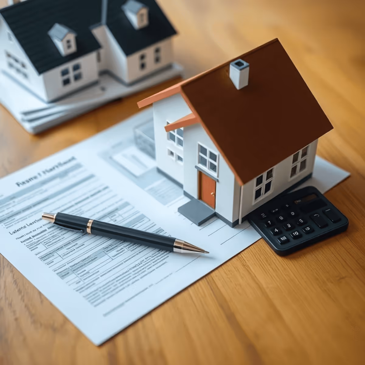 Close-up of a house with a calculator, pen, and financial documents on a wooden table, representing home equity loans and financial planning.