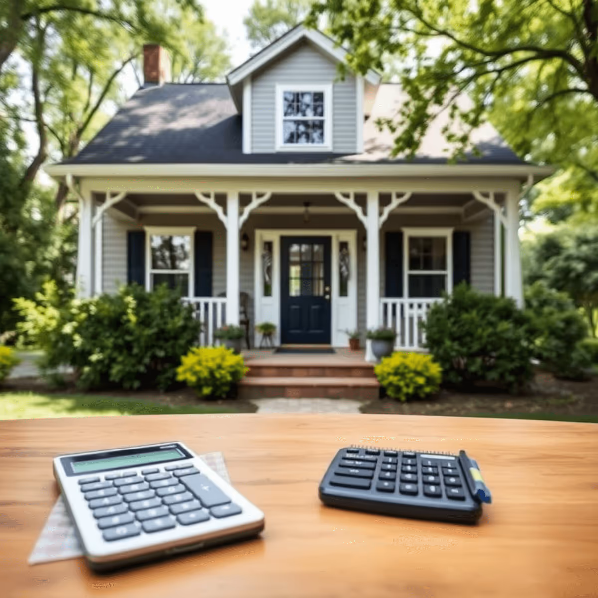 A cozy home with a welcoming front porch, surrounded by greenery, features a calculator and notepad on a table, symbolizing financial planning and stability.