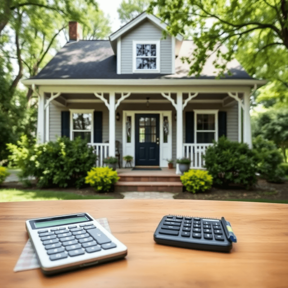 A cozy home with a welcoming front porch, surrounded by greenery, features a calculator and notepad on a table, symbolizing financial planning and stability.