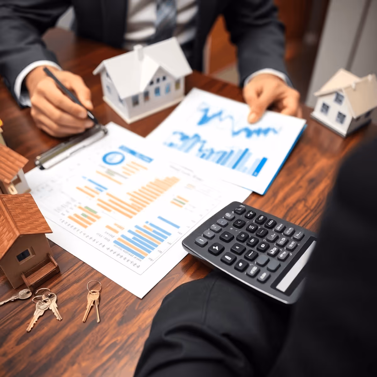 A loan officer examines mortgage documents with a calculator and financial charts on a desk, surrounded by house models and keys, showcasing expertise in the mortgage industry.